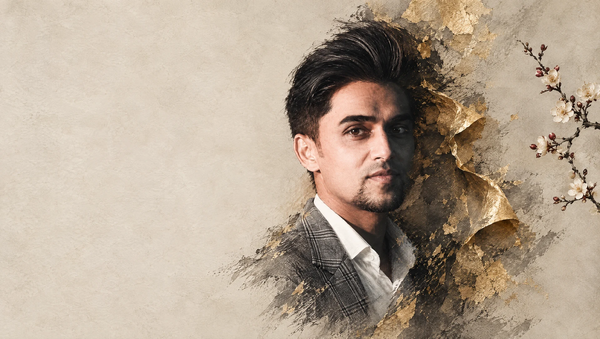 Artistic ink-and-antique-gold portrait of Nabeel Bera