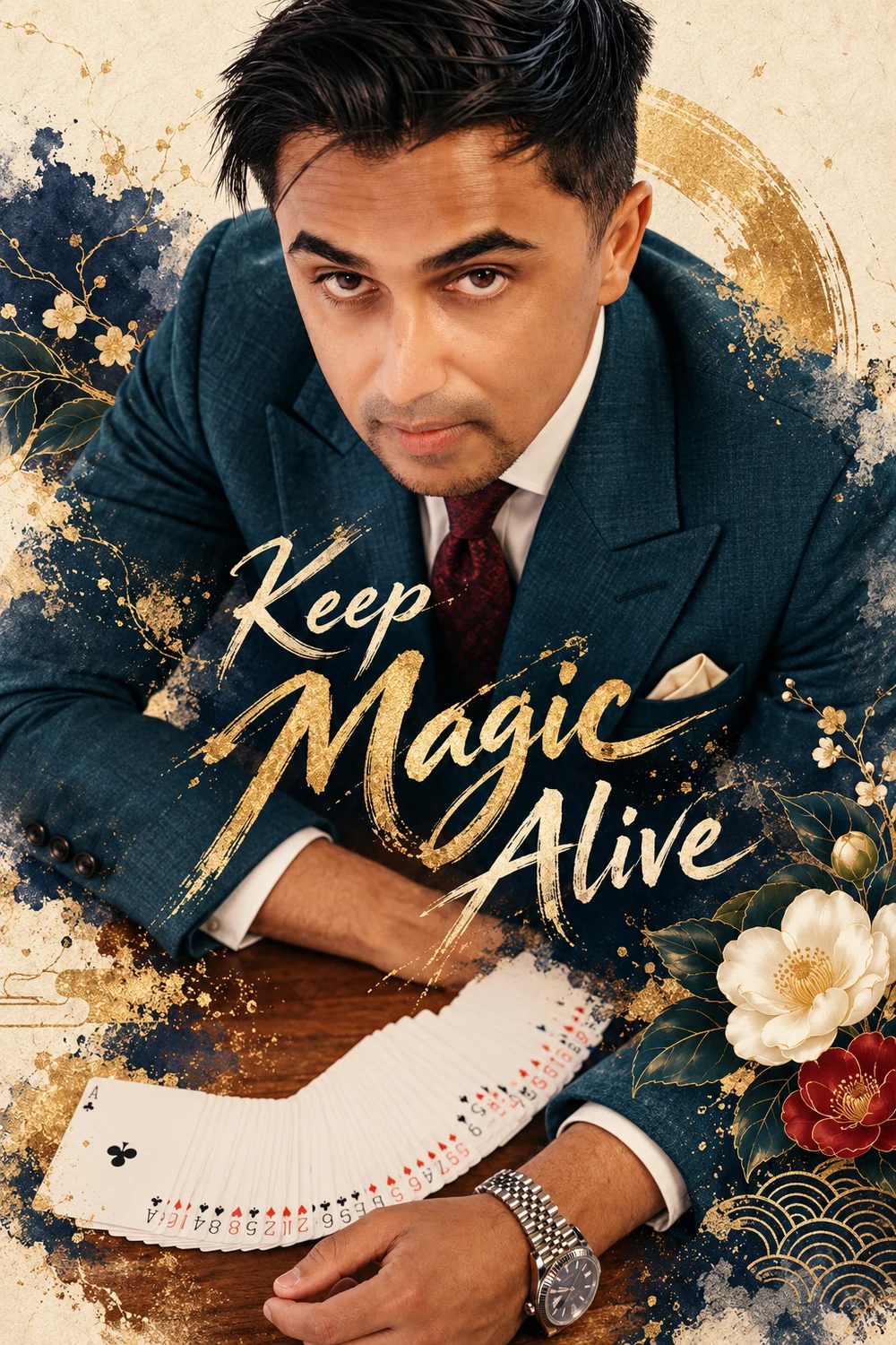 Nabeel Bera in the supplied Keep Magic Alive concept artwork, with a fan of playing cards and gold lettering